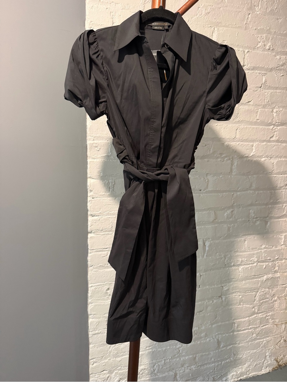 BCBGMAXAZRIA Black Cotton Shirt Dress Puff Sleeve Tie Waist Size 2 NWT